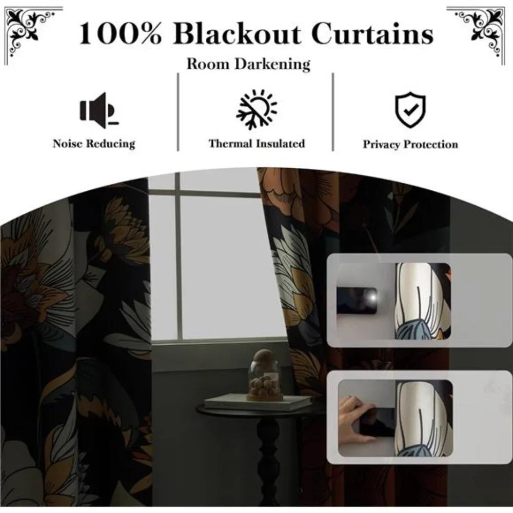 Floral Boho Blackout Curtains for Bedroom 52inch wide by 84 inch Long (2 Panels)